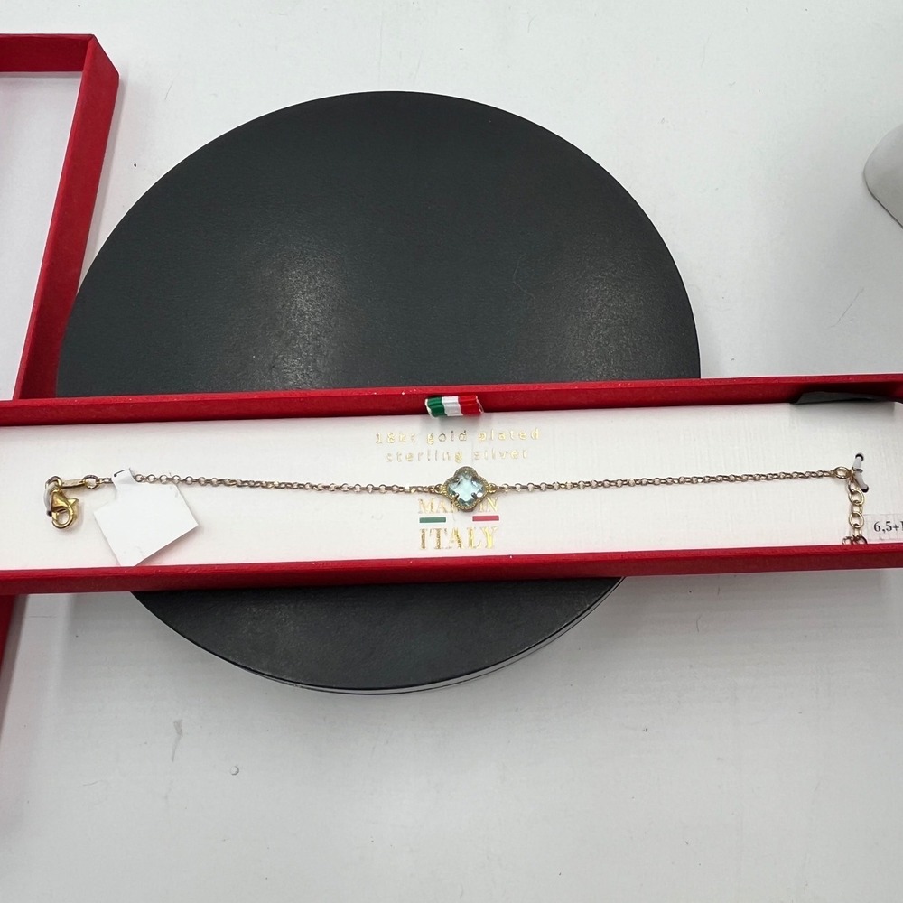 Mia Fiore 18k Gold Plated Sterling Silver Aquamarine Clover Chain Bracelet new